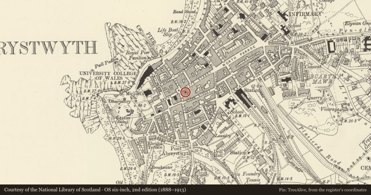 Ordnance Survey six-inch map, 2nd edition (1888–1913) covering the location of Padarn Hall, Aberystwyth, Ceredigion, with a pin at the register's coordinates