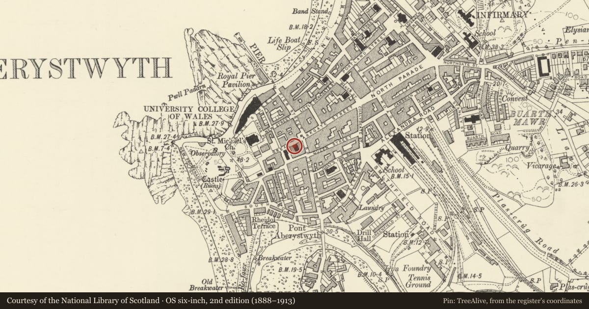 Ordnance Survey six-inch map, 2nd edition (1888–1913) covering the location of St.Pauls Welsh Wesleyan Methodist Church, Aberystwyth, Ceredigion, with a pin at the register's coordinates
