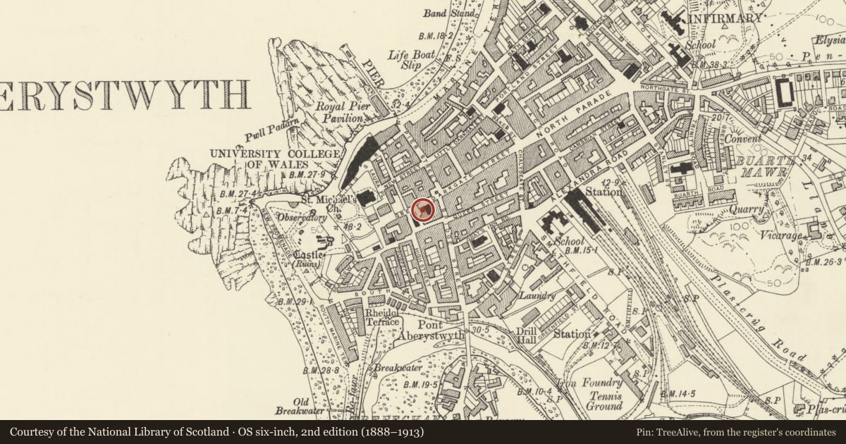 Ordnance Survey six-inch map, 2nd edition (1888–1913) covering the location of Schoolroom to St Pauls Welsh Wesleyan Methodist Church, Aberystwyth, Ceredigion, with a pin at the register's coordinates