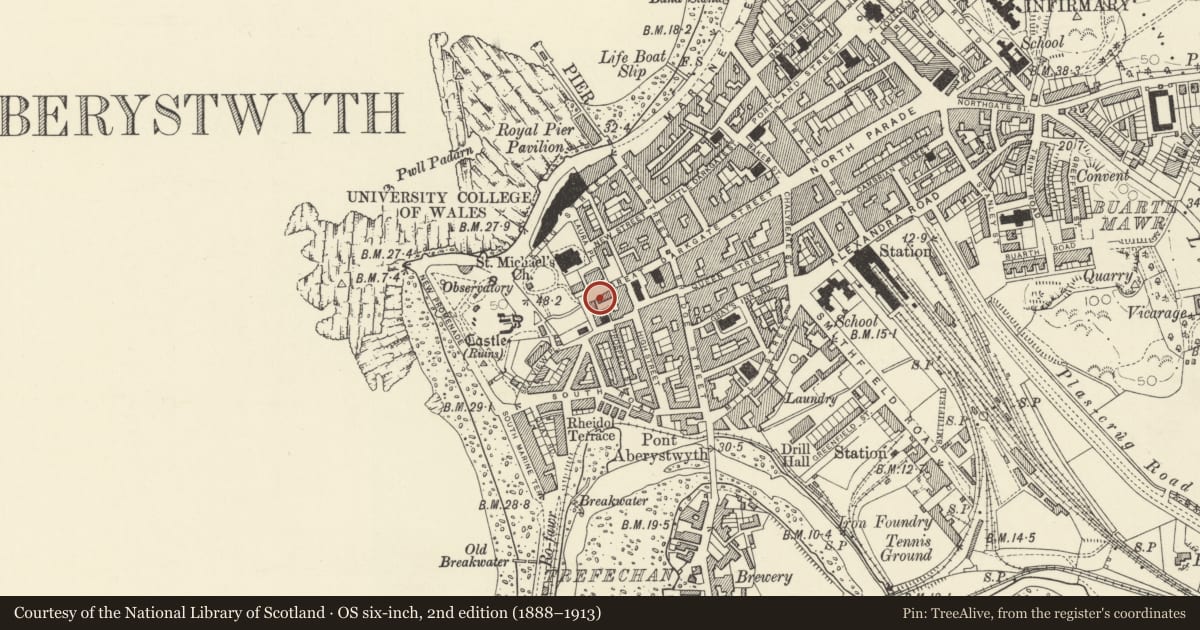 Ordnance Survey six-inch map, 2nd edition (1888–1913) covering the location of Penylan, Aberystwyth, Ceredigion, with a pin at the register's coordinates
