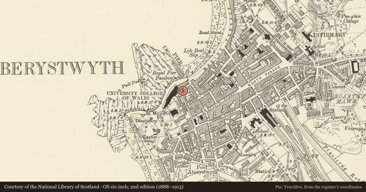 Ordnance Survey six-inch map, 2nd edition (1888–1913) covering the location of 6 King Street, Aberystwyth, Ceredigion, with a pin at the register's coordinates