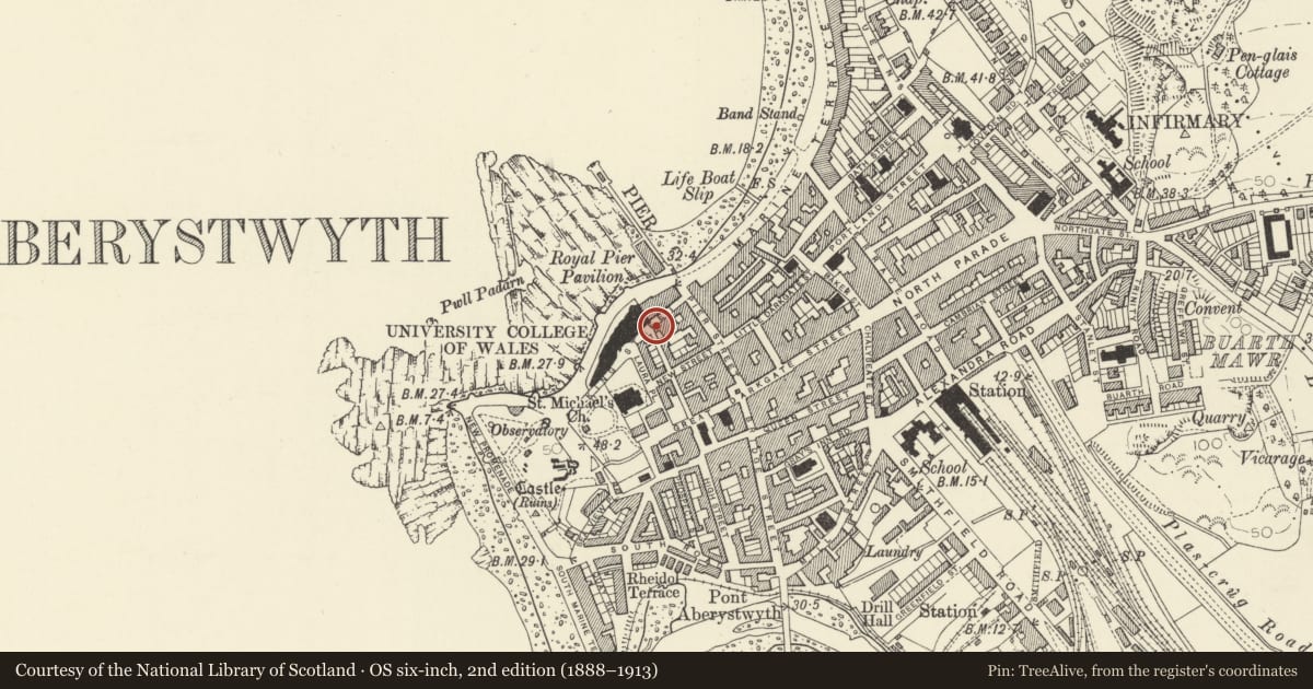 Ordnance Survey six-inch map, 2nd edition (1888–1913) covering the location of Castle House, Aberystwyth, Ceredigion, with a pin at the register's coordinates