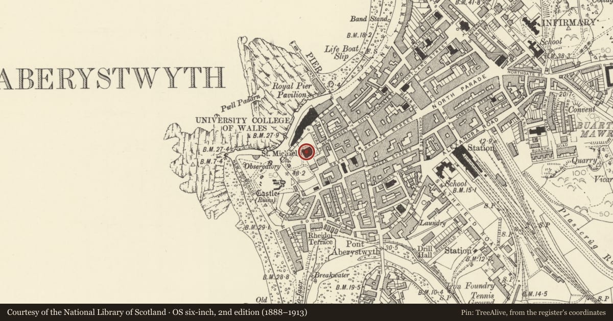 Ordnance Survey six-inch map, 2nd edition (1888–1913) covering the location of Parish Church of St Michael and All Angels, Aberystwyth, Ceredigion, with a pin at the register's coordinates