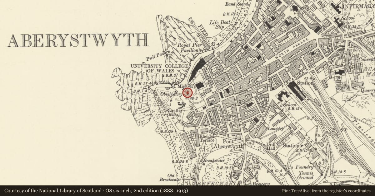 Ordnance Survey six-inch map, 2nd edition (1888–1913) covering the location of Former Vestry to Paris Church of St Michael & All Angels, Aberystwyth, Ceredigion, with a pin at the register's coordinates