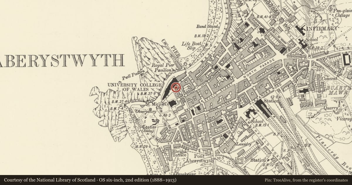 Ordnance Survey six-inch map, 2nd edition (1888–1913) covering the location of 1 Laura Place, Aberystwyth, Ceredigion, with a pin at the register's coordinates