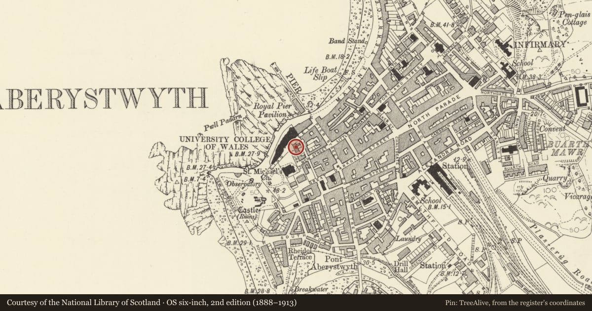 Ordnance Survey six-inch map, 2nd edition (1888–1913) covering the location of 2 Laura Place, Aberystwyth, Ceredigion, with a pin at the register's coordinates