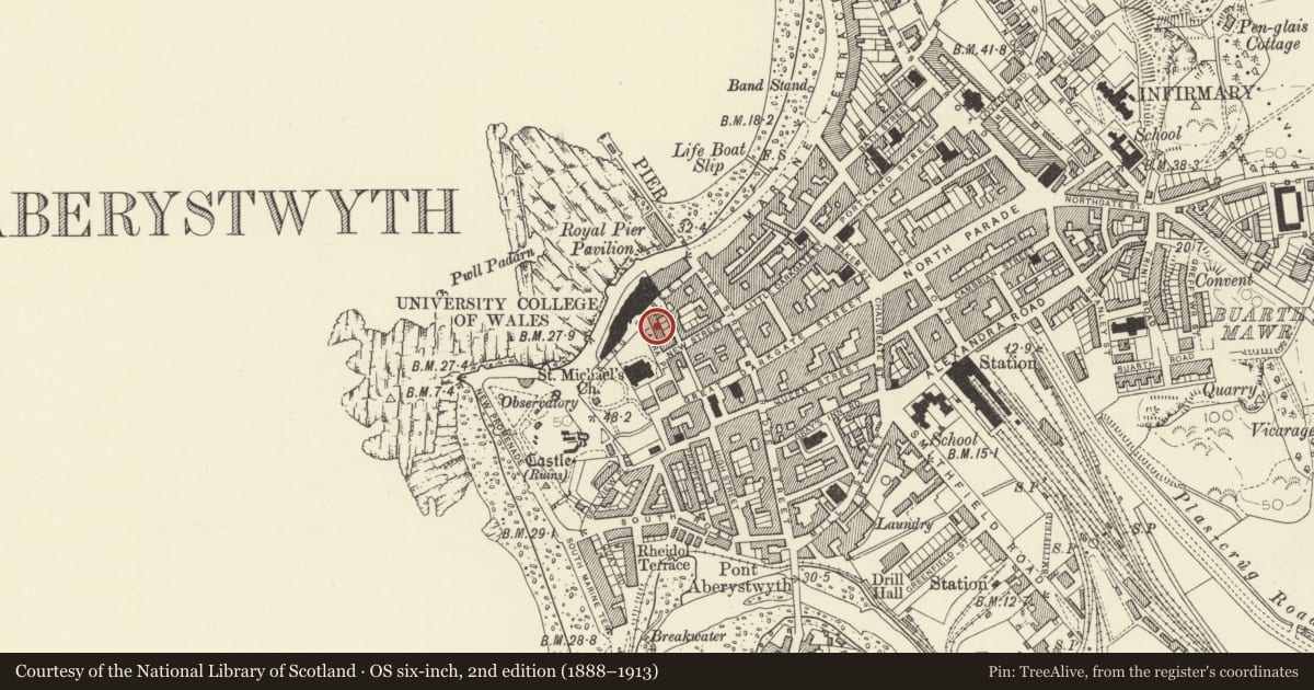 Ordnance Survey six-inch map, 2nd edition (1888–1913) covering the location of 3 Lauara Place, Aberystwyth, Ceredigion, with a pin at the register's coordinates