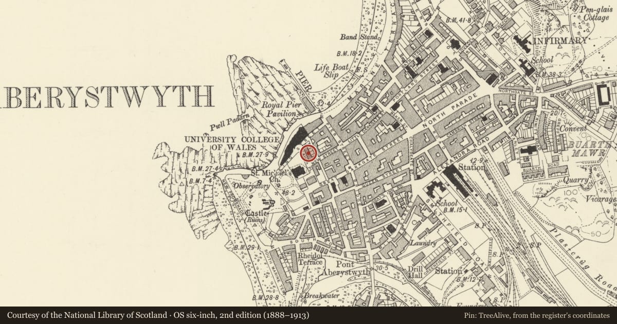 Ordnance Survey six-inch map, 2nd edition (1888–1913) covering the location of 4 Laura Place, Aberystwyth, Ceredigion, with a pin at the register's coordinates