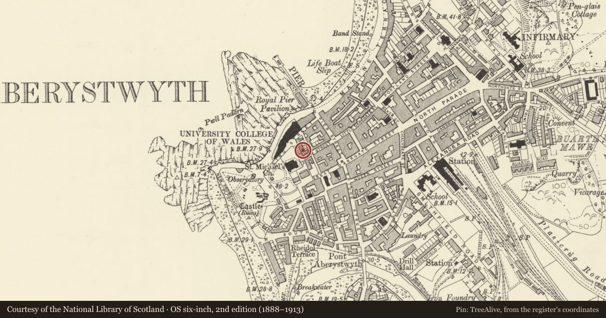 Ordnance Survey six-inch map, 2nd edition (1888–1913) covering the location of 5 Laura Place, Aberystwyth, Ceredigion, with a pin at the register's coordinates