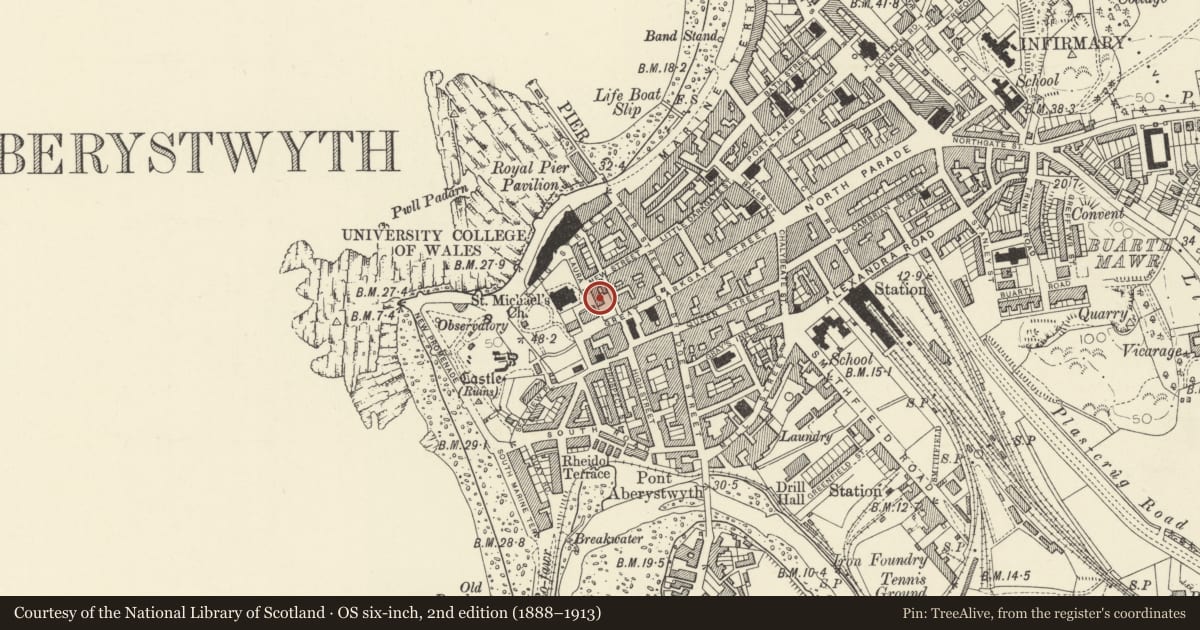 Ordnance Survey six-inch map, 2nd edition (1888–1913) covering the location of Staff House, Aberystwyth, Ceredigion, with a pin at the register's coordinates