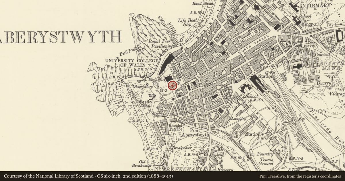 Ordnance Survey six-inch map, 2nd edition (1888–1913) covering the location of 11 Laura Place, Aberystwyth, Ceredigion, with a pin at the register's coordinates