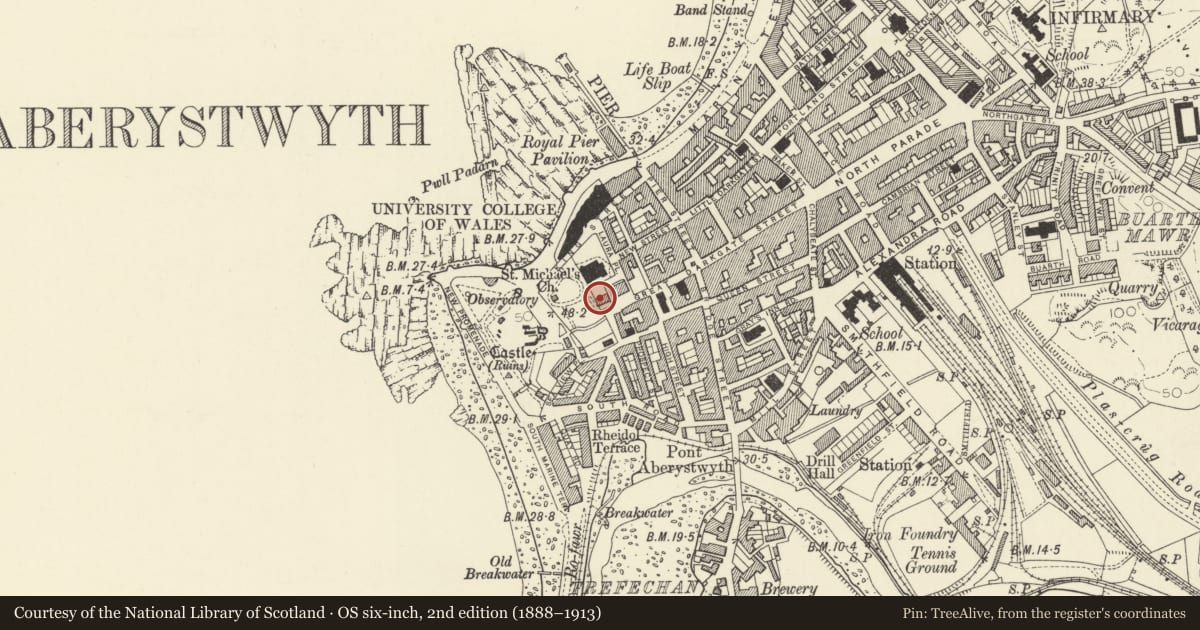 Ordnance Survey six-inch map, 2nd edition (1888–1913) covering the location of 12 Laura Place, Aberystwyth, Ceredigion, with a pin at the register's coordinates