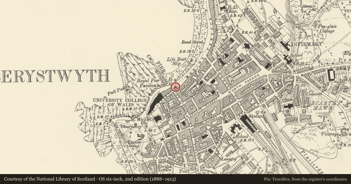 Ordnance Survey six-inch map, 2nd edition (1888–1913) covering the location of 3 Marine Terrace, Aberystwyth, Ceredigion, with a pin at the register's coordinates