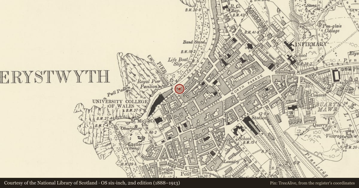 Ordnance Survey six-inch map, 2nd edition (1888–1913) covering the location of 4 Marine Terrace, Aberystwyth, Ceredigion, with a pin at the register's coordinates