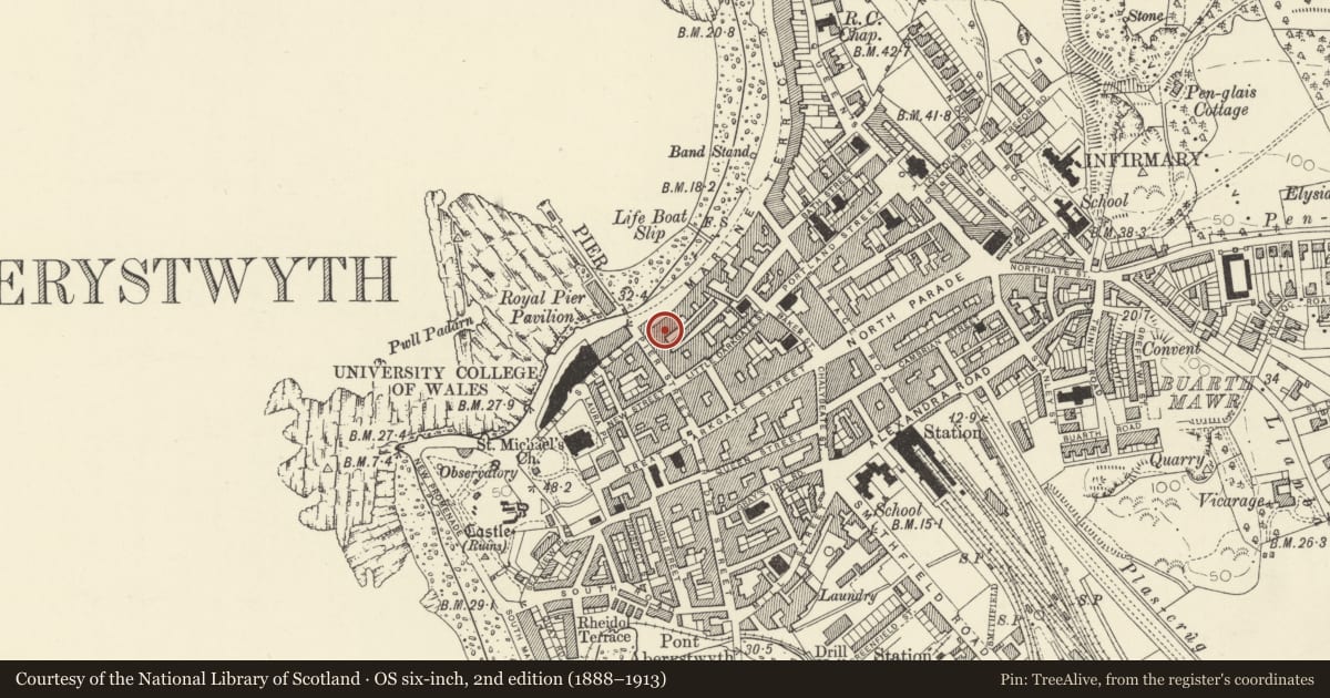 Ordnance Survey six-inch map, 2nd edition (1888–1913) covering the location of Courtyard to rear of No 4 Marine Terrace, Aberystwyth, Ceredigion, with a pin at the register's coordinates
