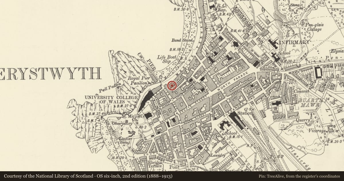 Ordnance Survey six-inch map, 2nd edition (1888–1913) covering the location of Courtyard to rear of No 5a Marine Terrace, Aberystwyth, Ceredigion, with a pin at the register's coordinates