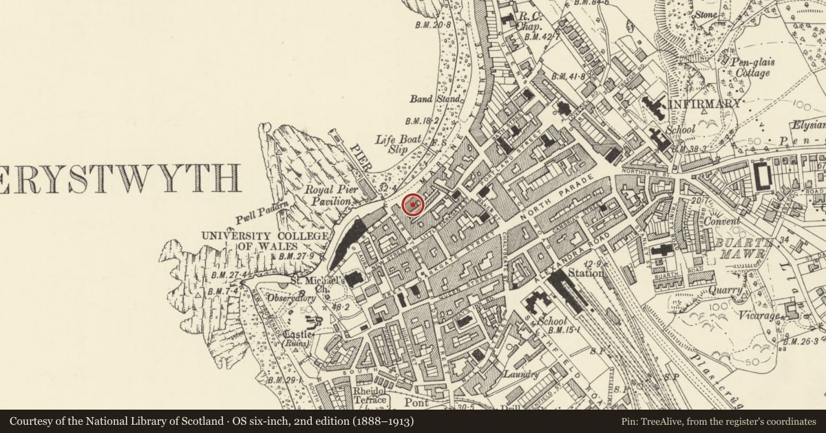 Ordnance Survey six-inch map, 2nd edition (1888–1913) covering the location of Courtyard ot rear of No 6b Marine Terrace, Aberystwyth, Ceredigion, with a pin at the register's coordinates