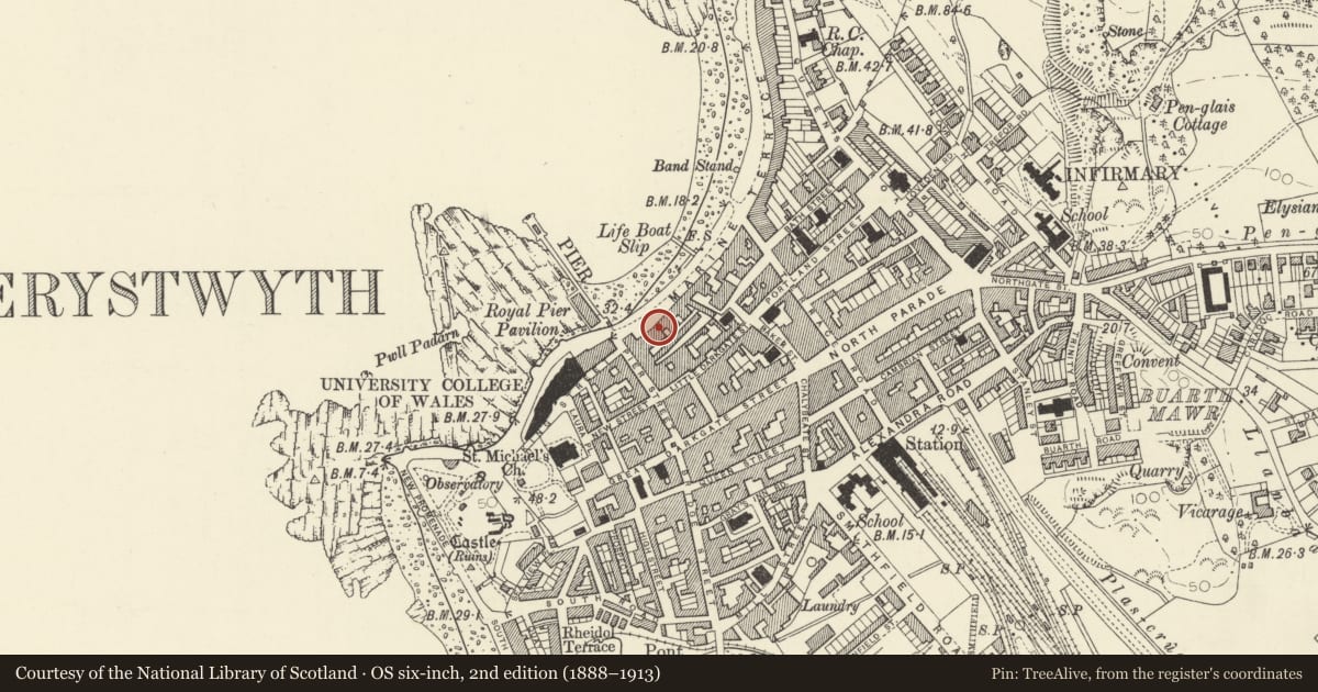 Ordnance Survey six-inch map, 2nd edition (1888–1913) covering the location of John Williams Hall (nos 7-12consec), Aberystwyth, Ceredigion, with a pin at the register's coordinates