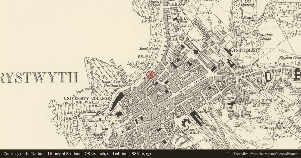 Ordnance Survey six-inch map, 2nd edition (1888–1913) covering the location of 15 Marine Terrace, Aberystwyth, Ceredigion, with a pin at the register's coordinates