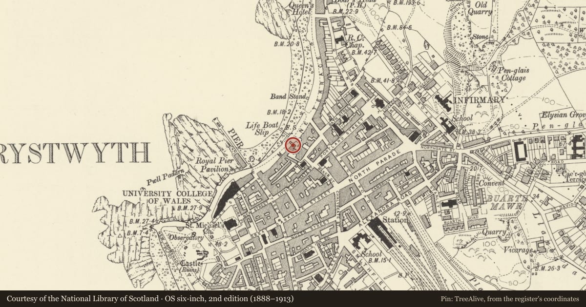 Ordnance Survey six-inch map, 2nd edition (1888–1913) covering the location of 16 Marine Terrace, Aberystwyth, Ceredigion, with a pin at the register's coordinates