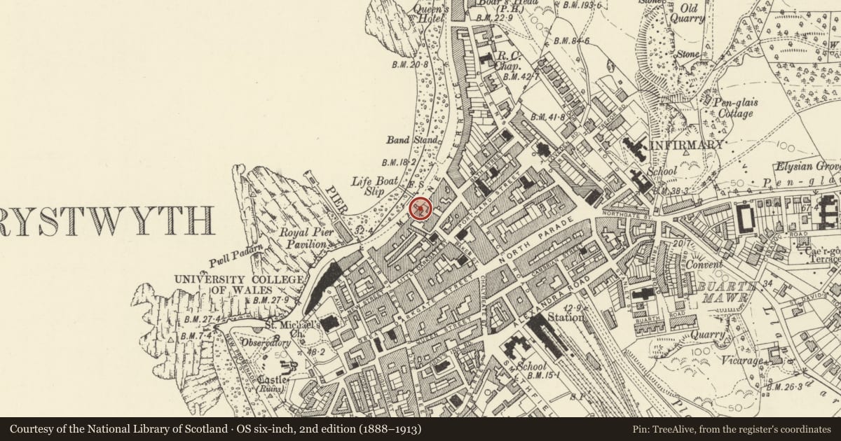 Ordnance Survey six-inch map, 2nd edition (1888–1913) covering the location of 17 Marine Terrace, Aberystwyth, Ceredigion, with a pin at the register's coordinates