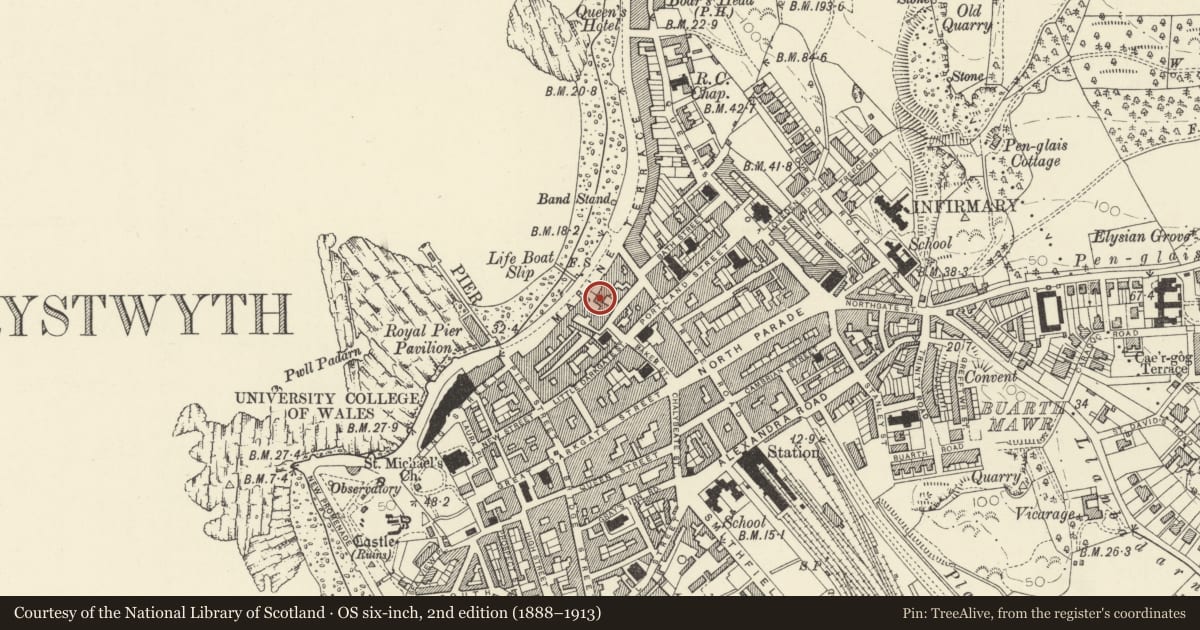 Ordnance Survey six-inch map, 2nd edition (1888–1913) covering the location of 18 Marine Terrace, Aberystwyth, Ceredigion, with a pin at the register's coordinates