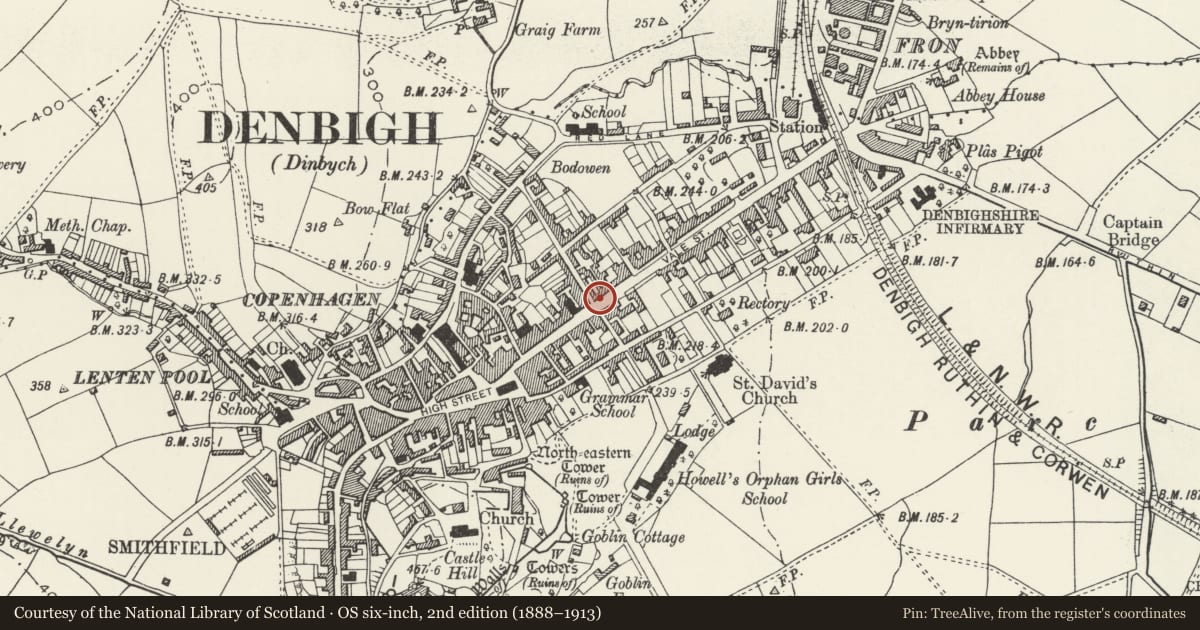 Ordnance Survey six-inch map, 2nd edition (1888–1913) covering the location of Jones Peckover Estate Agents, Denbigh, Denbighshire, with a pin at the register's coordinates