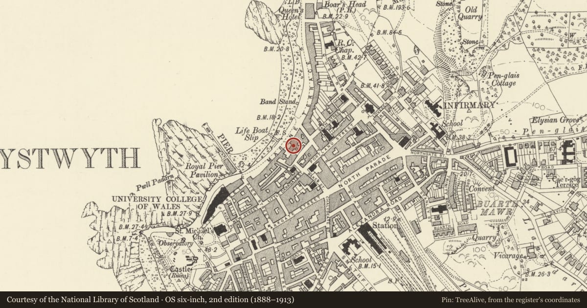 Ordnance Survey six-inch map, 2nd edition (1888–1913) covering the location of 20 Marine Terrace, Aberystwyth, Ceredigion, with a pin at the register's coordinates