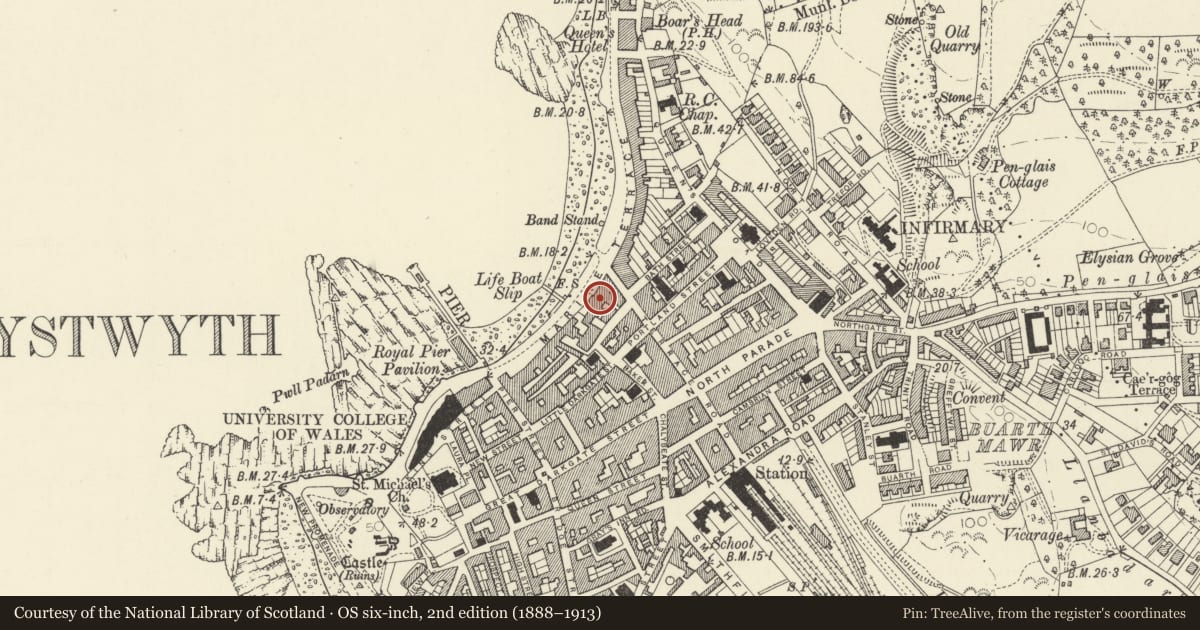 Ordnance Survey six-inch map, 2nd edition (1888–1913) covering the location of Belle Vue Royal Hotel, Aberystwyth, Ceredigion, with a pin at the register's coordinates