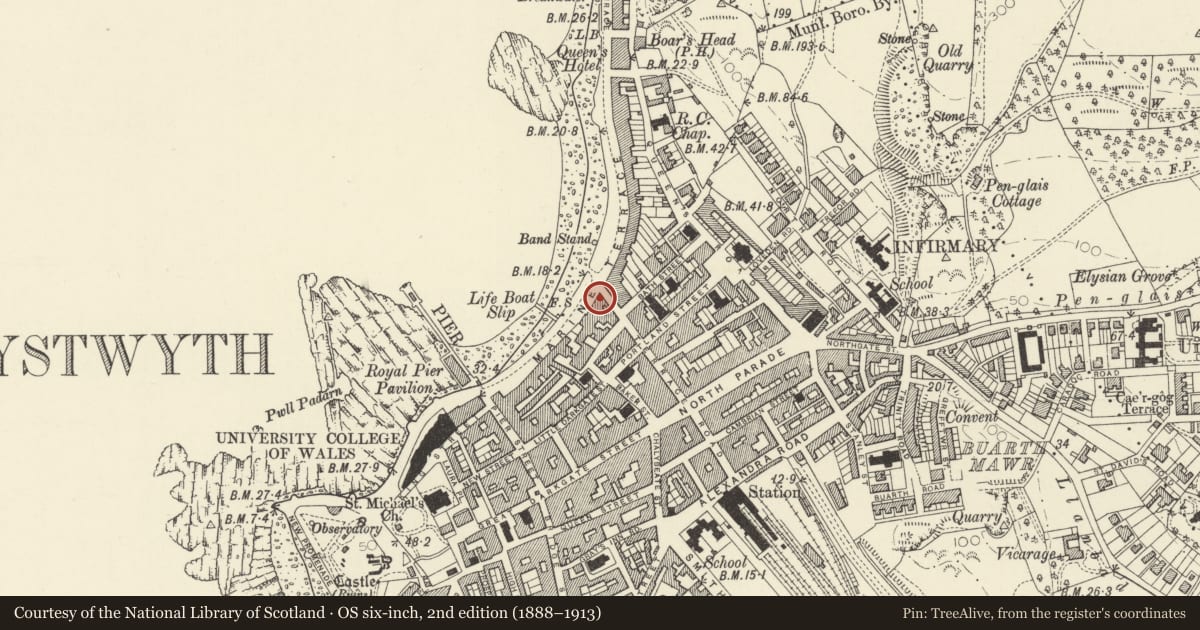 Ordnance Survey six-inch map, 2nd edition (1888–1913) covering the location of Belgrave House, Aberystwyth, Ceredigion, with a pin at the register's coordinates