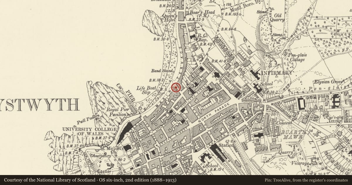 Ordnance Survey six-inch map, 2nd edition (1888–1913) covering the location of Grosvenor House, Aberystwyth, Ceredigion, with a pin at the register's coordinates
