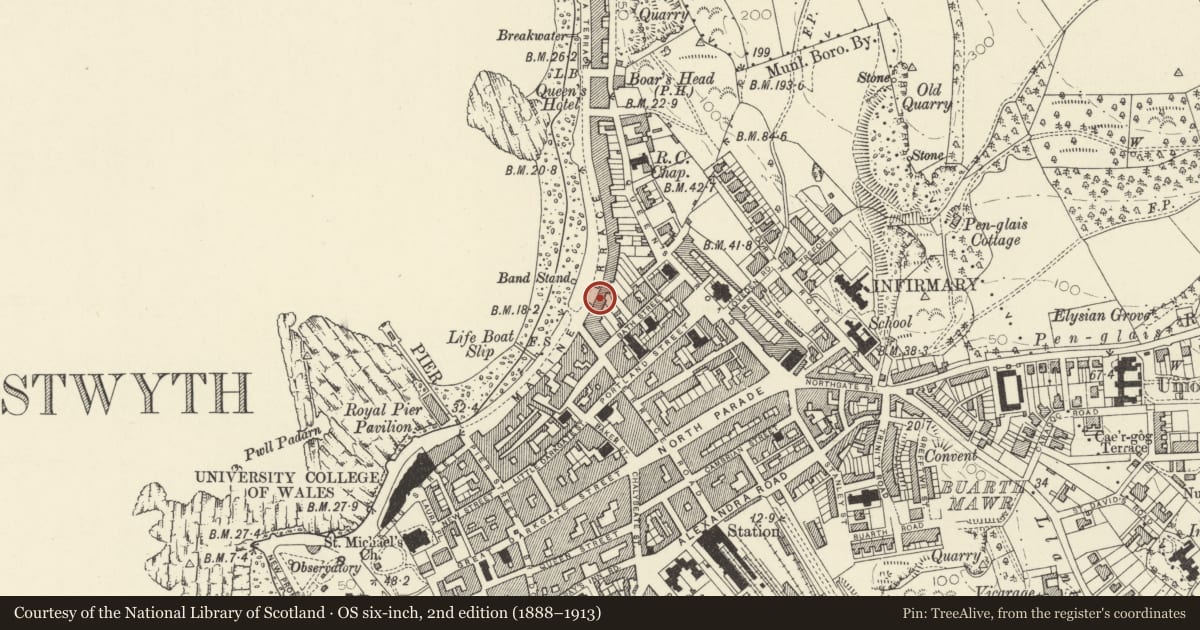 Ordnance Survey six-inch map, 2nd edition (1888–1913) covering the location of 32 Marine Terrace, Aberystwyth, Ceredigion, with a pin at the register's coordinates