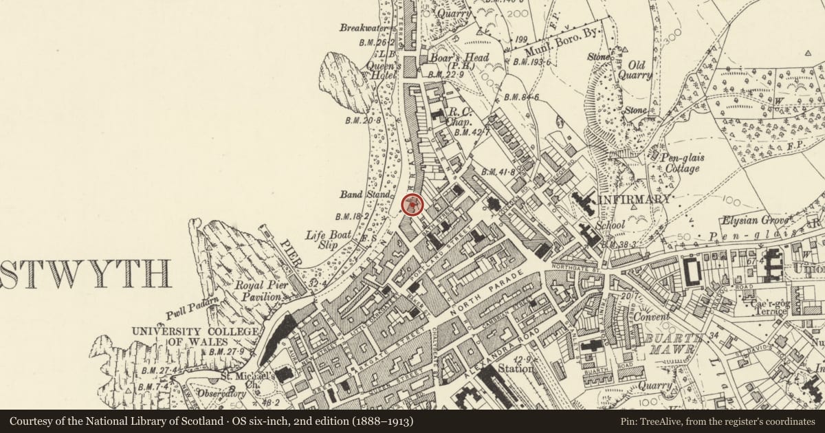 Ordnance Survey six-inch map, 2nd edition (1888–1913) covering the location of 33 Marine Terrace, Aberystwyth, Ceredigion, with a pin at the register's coordinates