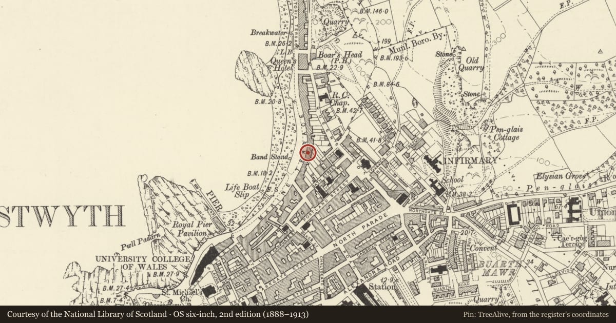 Ordnance Survey six-inch map, 2nd edition (1888–1913) covering the location of Bay Hotel (nos 35-37consec), Aberystwyth, Ceredigion, with a pin at the register's coordinates