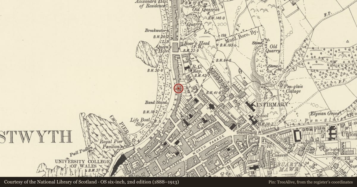 Ordnance Survey six-inch map, 2nd edition (1888–1913) covering the location of 43 Marine Terrace, Aberystwyth, Ceredigion, with a pin at the register's coordinates