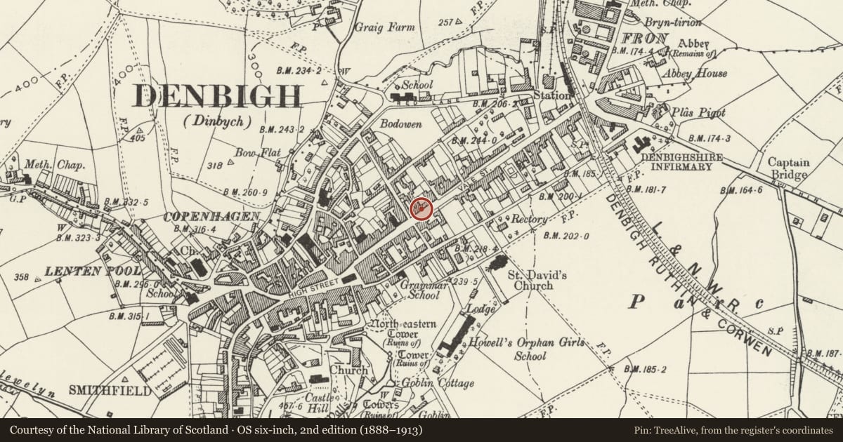 Ordnance Survey six-inch map, 2nd edition (1888–1913) covering the location of The Hawk and Buckle Hotel, including railed forecourt walls to L, Denbigh, Denbighshire, with a pin at the register's coordinates