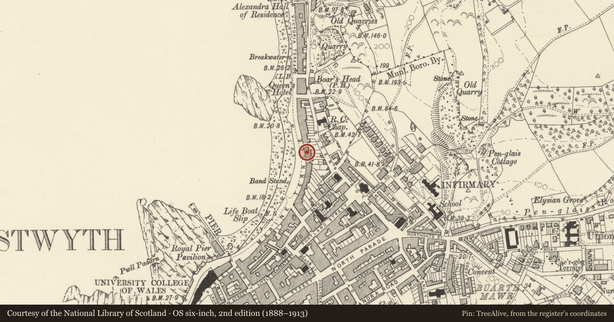Ordnance Survey six-inch map, 2nd edition (1888–1913) covering the location of Including Richmond Hotel, Aberystwyth, Ceredigion, with a pin at the register's coordinates