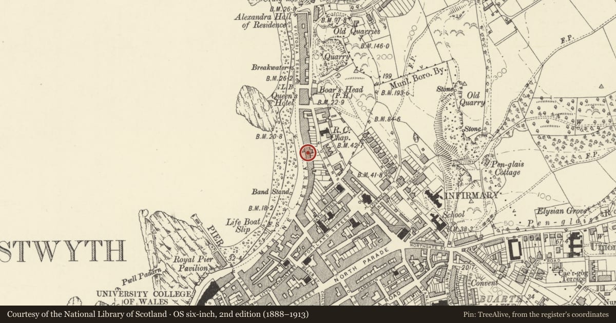 Ordnance Survey six-inch map, 2nd edition (1888–1913) covering the location of 47 Marine Terrace, Aberystwyth, Ceredigion, with a pin at the register's coordinates