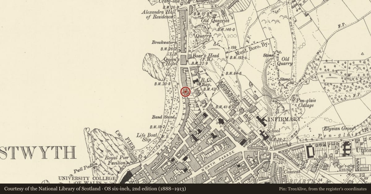 Ordnance Survey six-inch map, 2nd edition (1888–1913) covering the location of 48 Marine Terrace, Aberystwyth, Ceredigion, with a pin at the register's coordinates