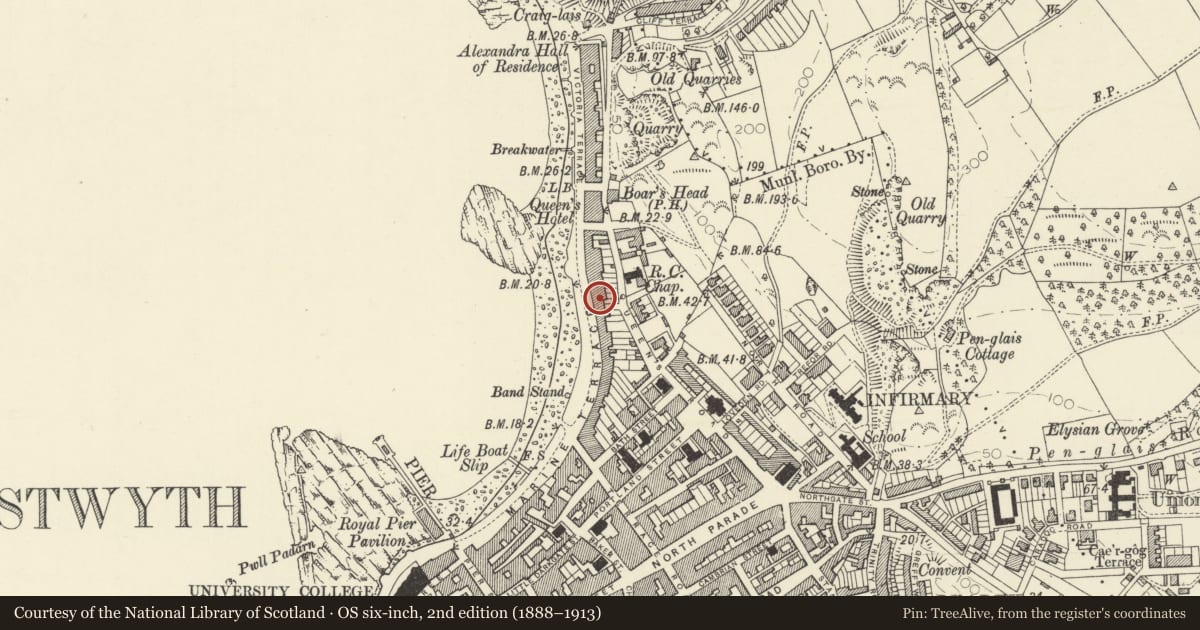 Ordnance Survey six-inch map, 2nd edition (1888–1913) covering the location of Marine Hotel (nos 49-52consec), Aberystwyth, Ceredigion, with a pin at the register's coordinates