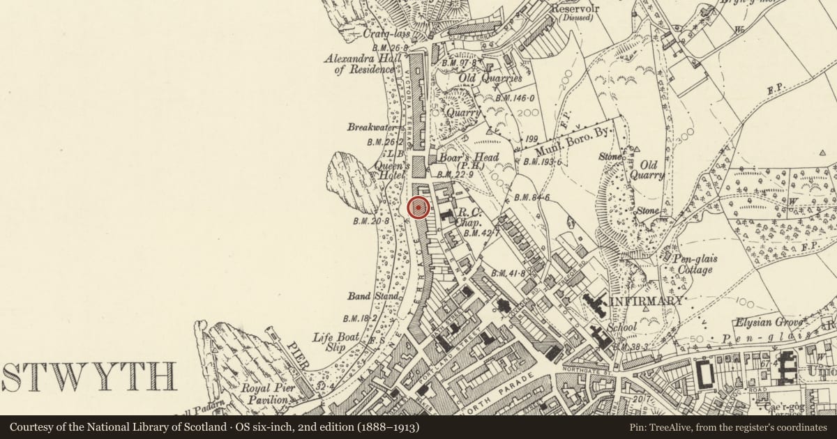 Ordnance Survey six-inch map, 2nd edition (1888–1913) covering the location of 57 Marine Terrace, Aberystwyth, Ceredigion, with a pin at the register's coordinates