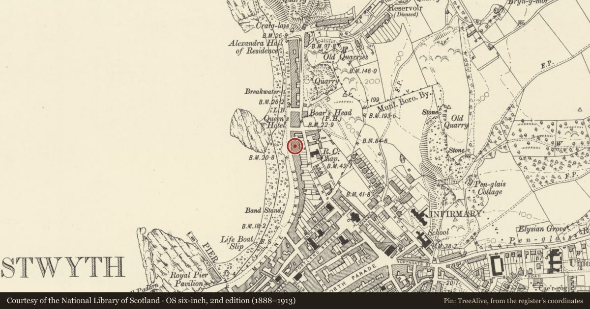 Ordnance Survey six-inch map, 2nd edition (1888–1913) covering the location of 58 Marine Terrace, Aberystwyth, Ceredigion, with a pin at the register's coordinates