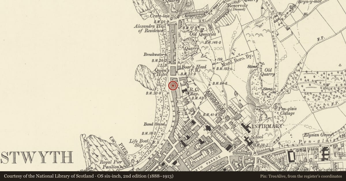 Ordnance Survey six-inch map, 2nd edition (1888–1913) covering the location of 59 Marine Terrace, Aberystwyth, Ceredigion, with a pin at the register's coordinates