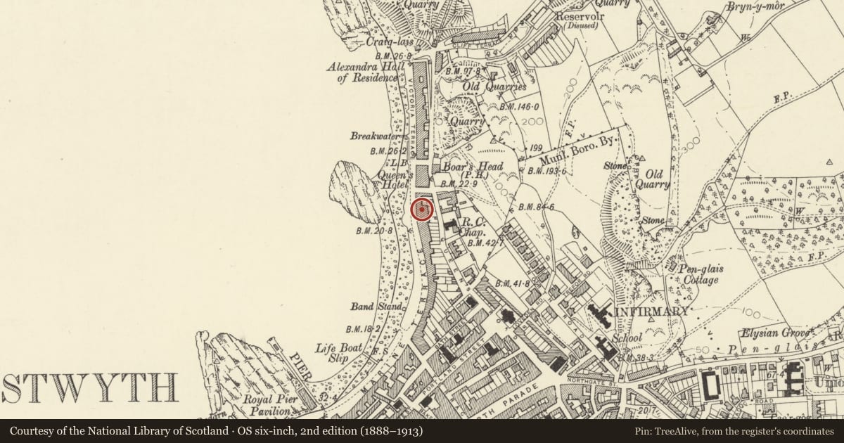 Ordnance Survey six-inch map, 2nd edition (1888–1913) covering the location of 60 Marine Terrace, Aberystwyth, Ceredigion, with a pin at the register's coordinates