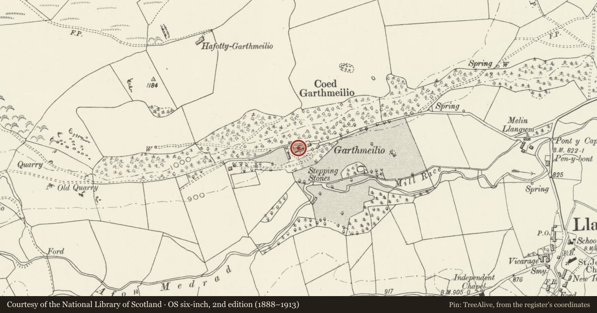 Ordnance Survey six-inch map, 2nd edition (1888–1913) covering the location of Garthmeilio, Llangwm, Conwy, with a pin at the register's coordinates
