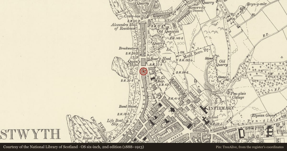Ordnance Survey six-inch map, 2nd edition (1888–1913) covering the location of 62 Marine Terrace, Aberystwyth, Ceredigion, with a pin at the register's coordinates