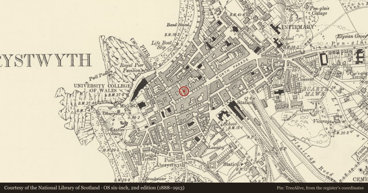Ordnance Survey six-inch map, 2nd edition (1888–1913) covering the location of Royal Naval Association Club, Aberystwyth, Ceredigion, with a pin at the register's coordinates