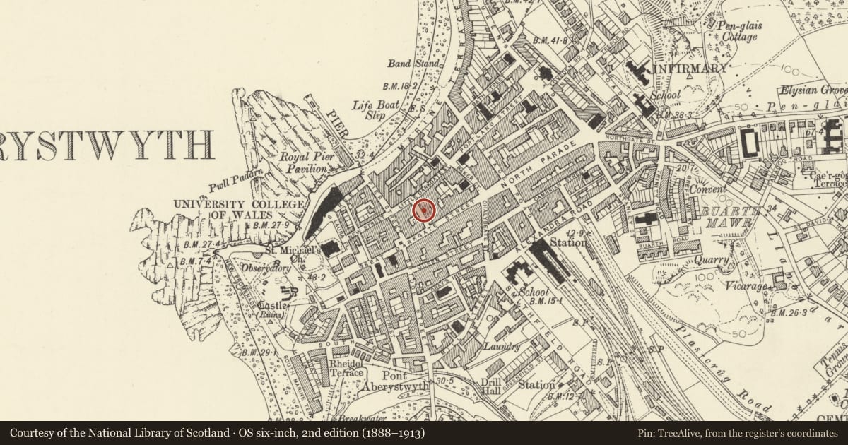 Ordnance Survey six-inch map, 2nd edition (1888–1913) covering the location of 7 Market Street, Aberystwyth, Ceredigion, with a pin at the register's coordinates