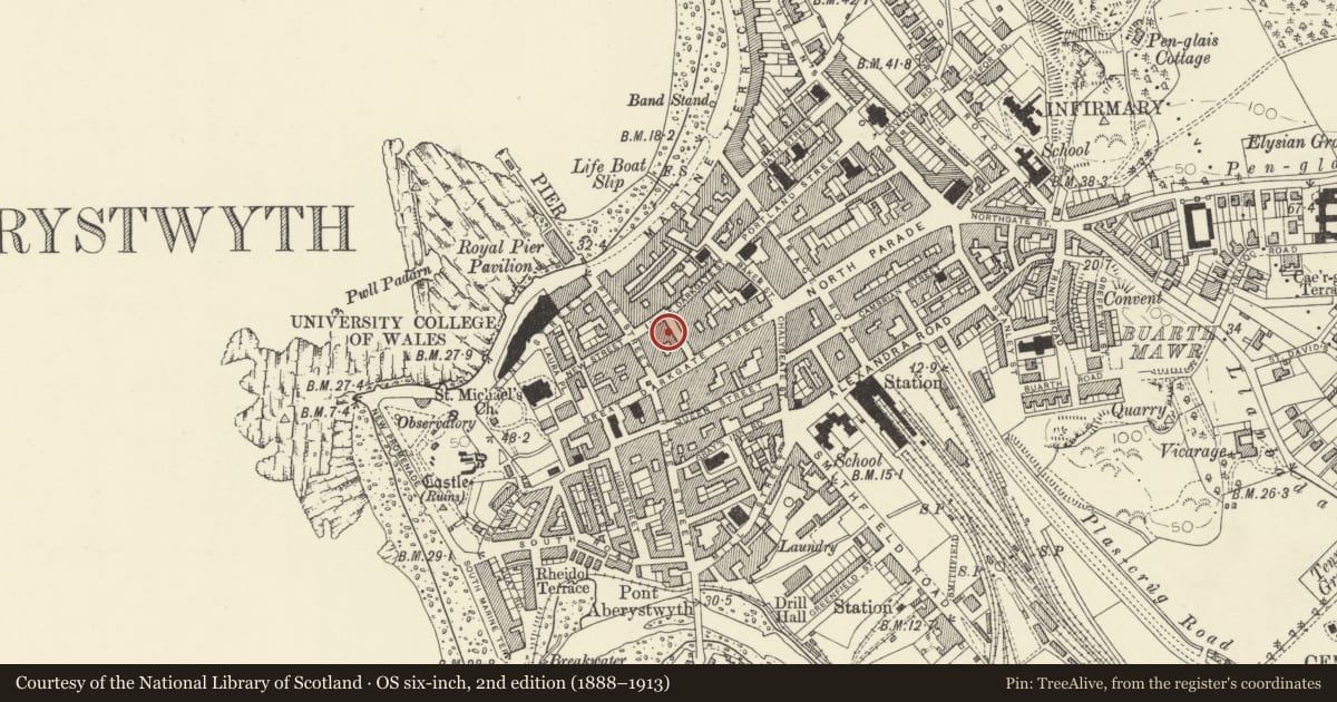 Ordnance Survey six-inch map, 2nd edition (1888–1913) covering the location of Talbot Hotel, Aberystwyth, Ceredigion, with a pin at the register's coordinates