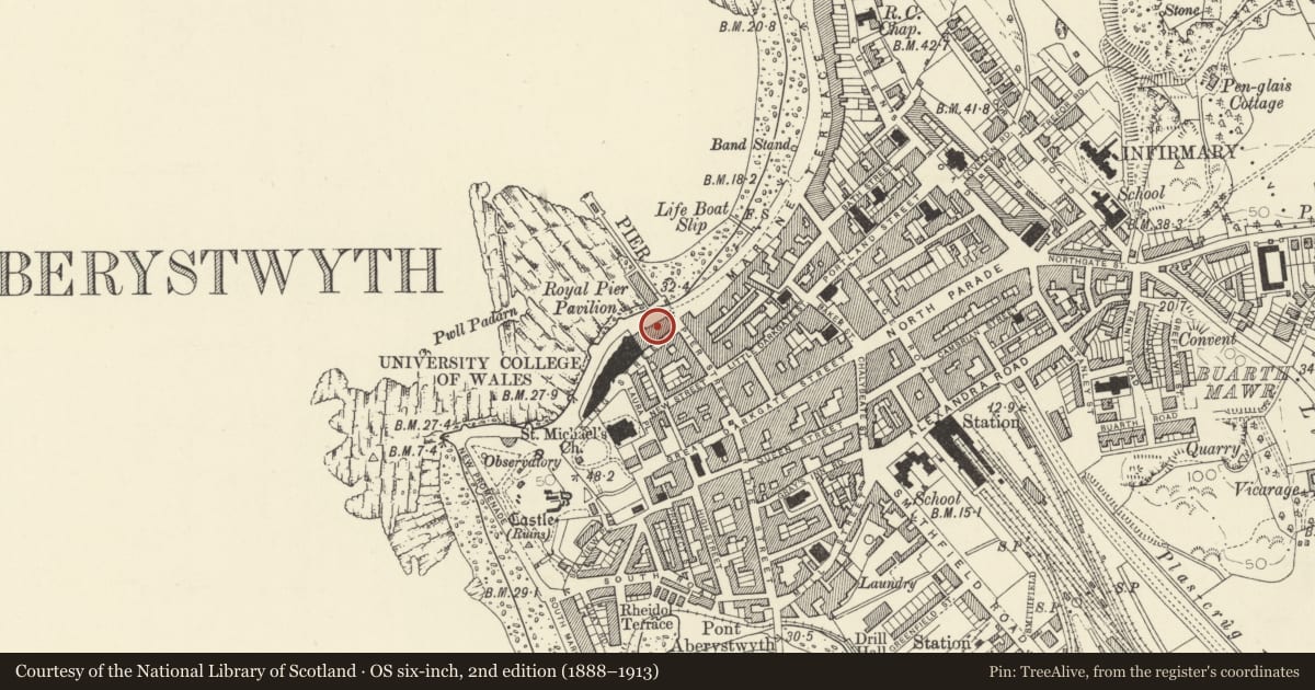 Ordnance Survey six-inch map, 2nd edition (1888–1913) covering the location of The United Theological College, Aberystwyth, Ceredigion, with a pin at the register's coordinates